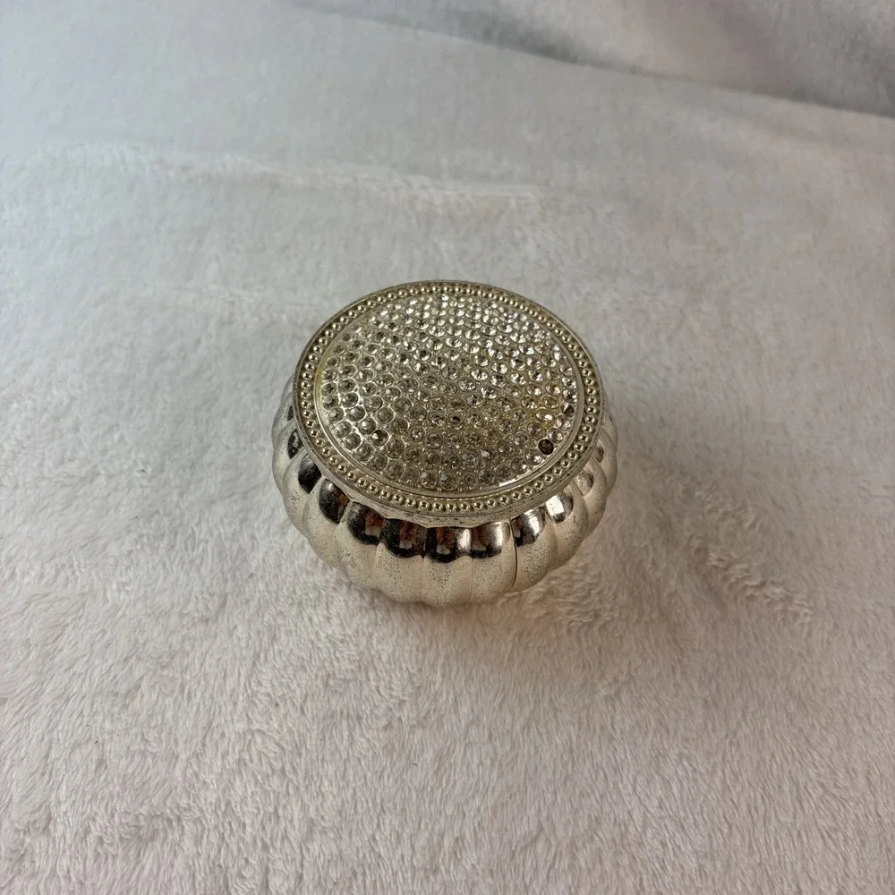 Vintage Silvertone Ribbed Round Trinket Box Rhinestone Lid Velvet Lined As Is